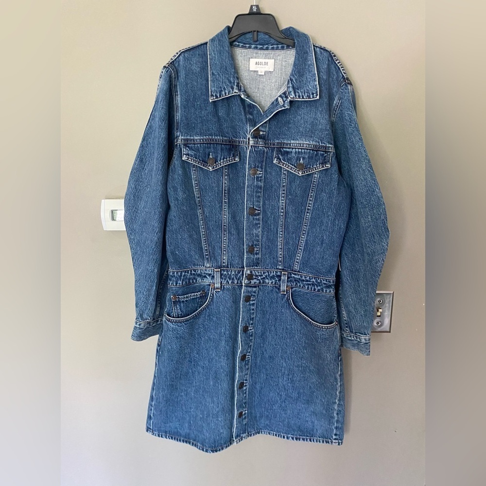 NWT AGOLDE x ANTHROPOLOGIE Denim Mini Dress Balloon Sleeves Size 12 - Picture 6 of 11